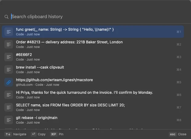 ClipVault's quick panel: a search field above recent copies, including code, a link and an address, each with a ⌘-number shortcut