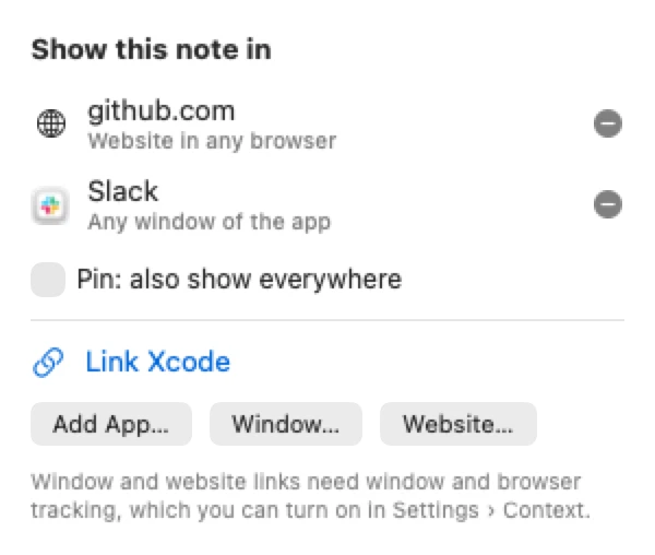 A note's link menu: shown on github.com in any browser and in Slack, with options to link Xcode, a window or a website