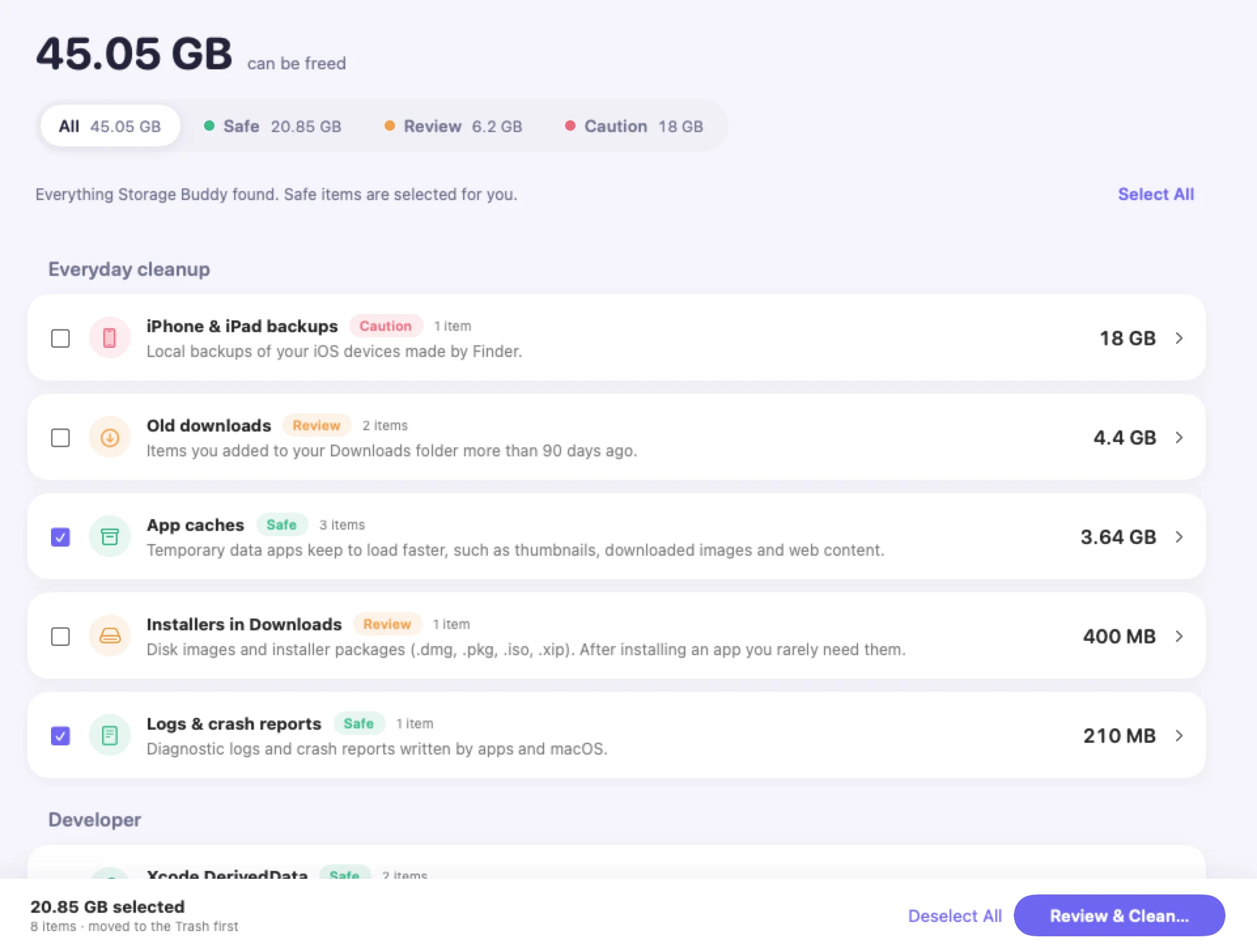 Smart Cleanup with Safe, Review and Caution tabs listing caches, logs and old downloads