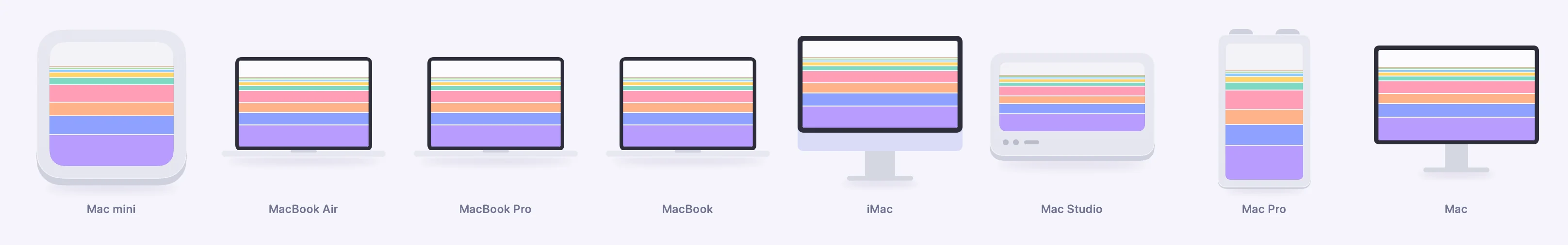 The Mac models Storage Buddy can draw: Mac mini, MacBook, iMac, Mac Studio and Mac Pro