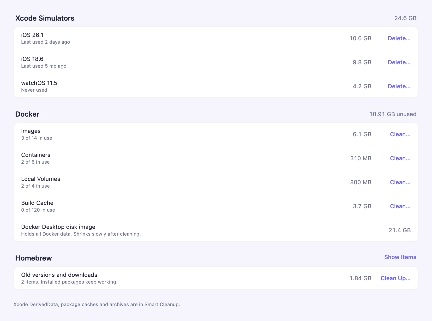 Developer Tools screen with rows for Xcode simulators, Docker and Homebrew