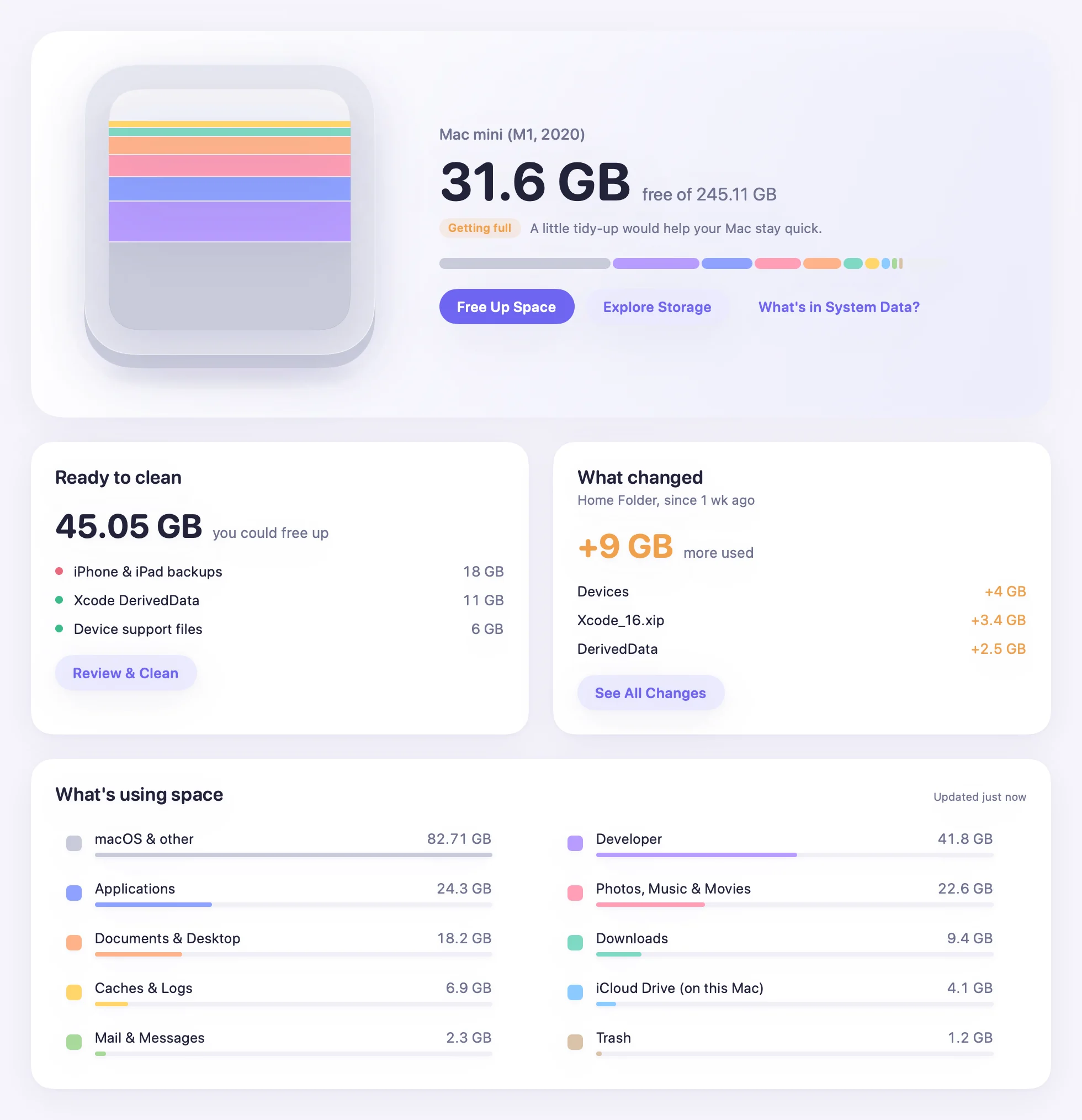 Storage Buddy's Overview: a Mac mini filled with storage by category, with free space and what's ready to clean