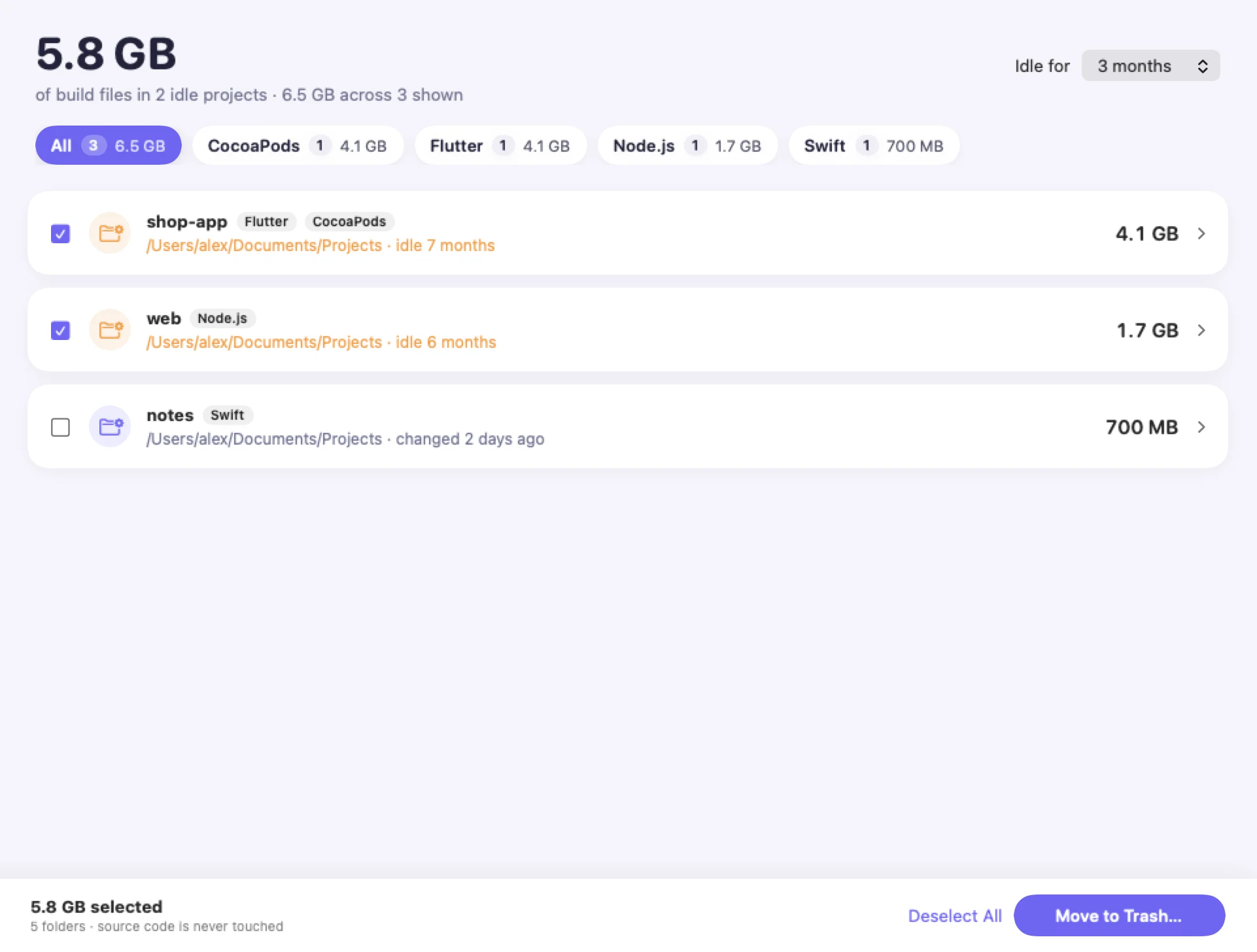 Projects screen listing stale build and dependency folders by project, with sizes and last-modified dates